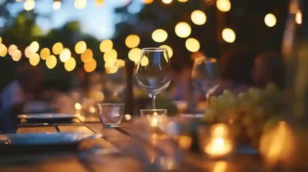 Outdoor Table Setting with String Lights