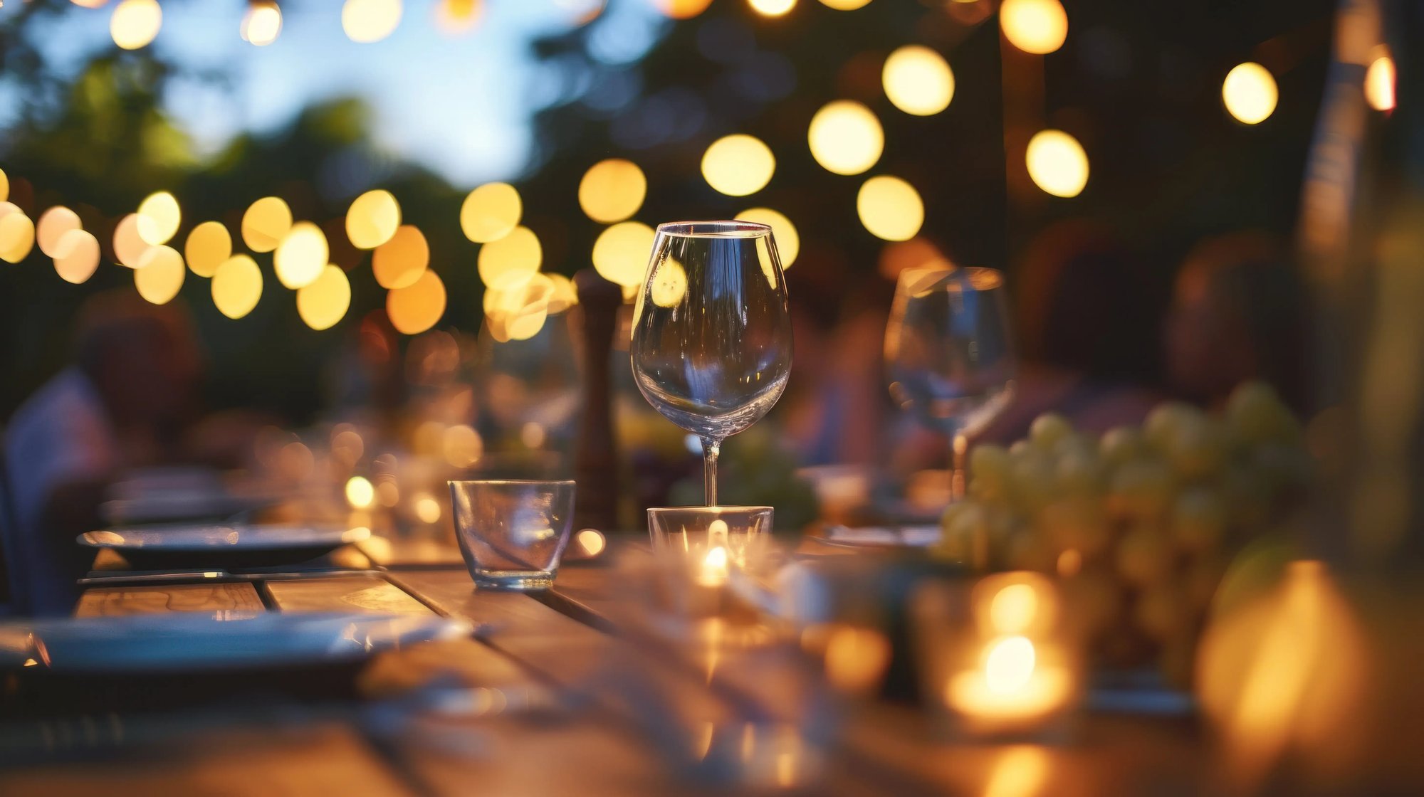 outdoor table setting with string lights